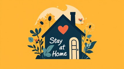 Flat illustration of a house with flowers and text "Stay at Home