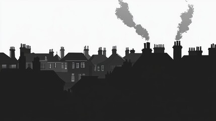 Silhouette of a town's rooftops, smoke rising