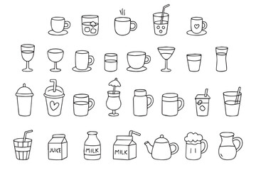 Large set of vector icons of glasses, mugs, teapots with various drinks. Hand-drawn set of dishes and drinks. Vector illustration.