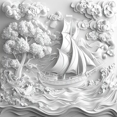 Ornate white relief sculpture of a ship sailing in stylized waves and clouds, with trees