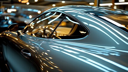 Sleek, modern car's rear end, highlighted by vibrant light streaks