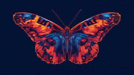 Vivid, detailed, close-up of a butterfly with orange and blue wings against a dark background
