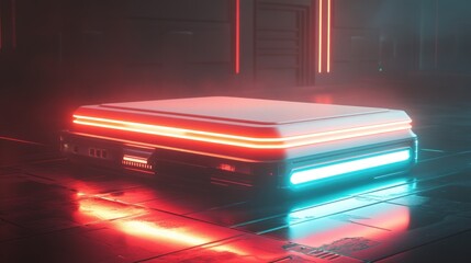 Futuristic, glowing white and black rectangular object on a reflective floor, bathed in vibrant red and blue neon light