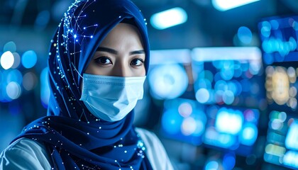 Muslim Woman in Face Mask with Data Center, Technology, Cybersecurity, and Blue Background.
