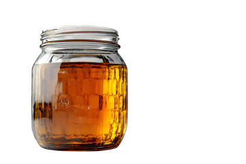 Glass mason jar filled with honey golden liquid sweetness isolated on white background