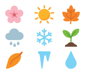 Seasonal Nature Icon Grid. Flat icon set of seasonal nature graphics: spring blossom, summer sun, autumn leaf,