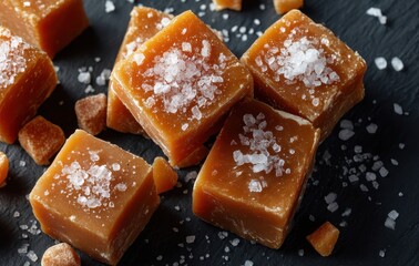 Freshly Crafted Caramel Squares with Sea Salt on Dark Slate Background for Gourmet Food Photography