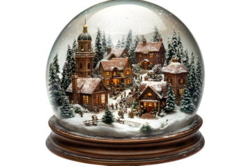 Glass snow globe with miniature town scene inside magical winter decor isolated on white background