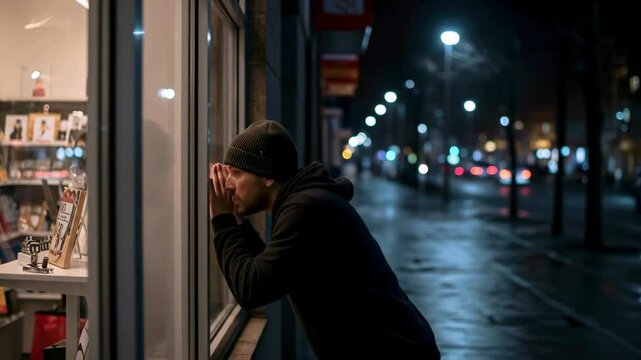 A man in a black hoodie and beanie gazes longingly through a shop window on a rainy night