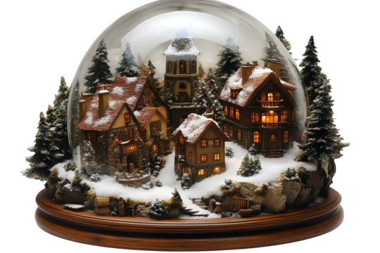 Glass snow globe with miniature town scene inside magical winter decor isolated on white background
