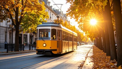 Obraz premium Vintage Tram in Autumn with Golden Sunlight in Urban Street Scene