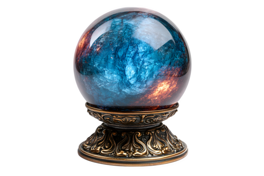 Glowing crystal ball on ornate metallic stand mystical object for fortune telling isolated on white background