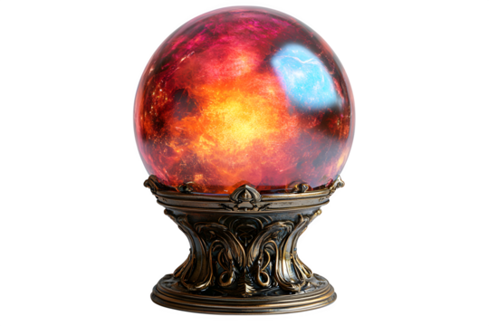 Glowing crystal ball on ornate metallic stand mystical object for fortune telling isolated on white background