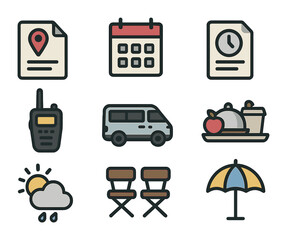 Outdoor Shoot Logistics Icons. Flat icon set of outdoor shoot logistics: location permit, set schedule, call