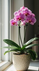 Pink Phalaenopsis Orchid in Textured Pot by Window, Natural Light, Close-Up