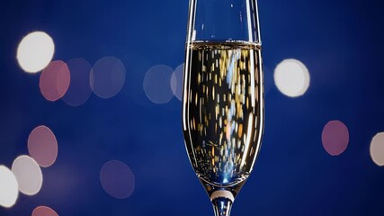 Champagne glass with sparkling highlights and deep blue bokeh suggests exclusivity luxury festive spirit joy expectation warmth anticipation refined celebration