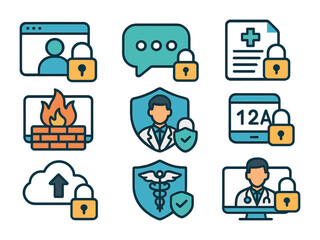 Secure Telehealth Icons. Flat icon set of secure telehealth platforms: video call lock, encrypted chat bubble,