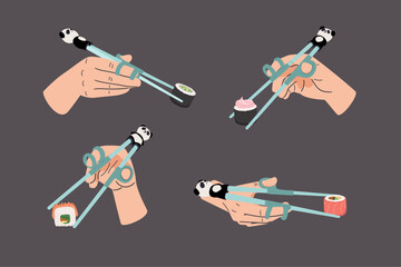 Collection of hands with asian childish chopsticks vector illustration