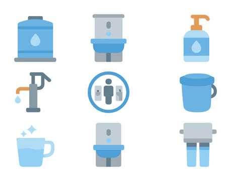Water Sanitation Icons. Flat icon set of water and sanitation access: clean water tank, portable handwash