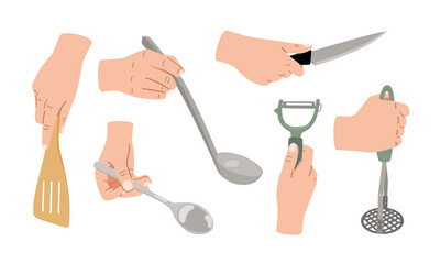 Hands holding kitchen utensils vector collection. Slotted spatula, spoon, knife, ladle, vegetable peeler isolated on white background