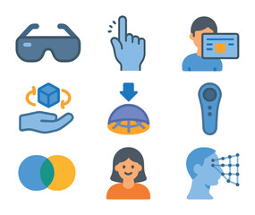 Fototapeta premium Mixed Reality Icons. Flat icon set of mixed reality interactions: AR glasses, gesture control hand, smart