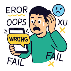 Frustrated man looking at phone displaying error message, feeling confused and disappointed