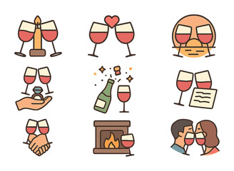 Romantic Glass Icon Set. Flat icon set of romantic glass moments: wine glasses by candlelight, heart toast,