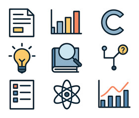 Obraz premium Academic Research Icons. Flat icon set of academic research elements: research paper, bar graph, citation