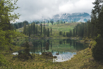 Lake Carezza in Dolomites, Italy, with green meadow, pine trees, and mountains reflected in the calm water on a cloudy day.