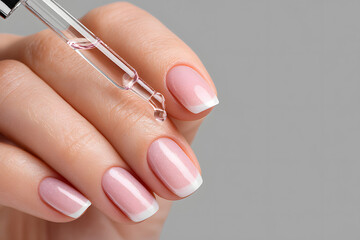 Hands with light pink nail polish applying serum using a dropper for skincare routine