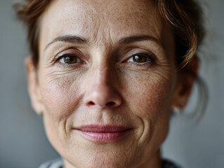 Obraz premium Natural beauty portrait of confident 40-50s woman, glowing complexion radiating health and mature elegance