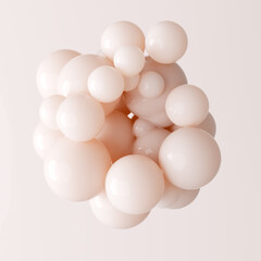 Cosmetic branding concept, beauty product presentation mockup 3d rendering. Cream Liquid beige spheres and drops levitation abstract background