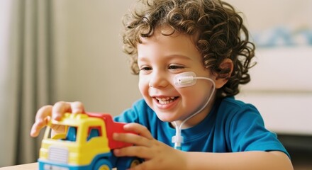 Happy child with feeding tube playing with toy truck, showing resilience and joy