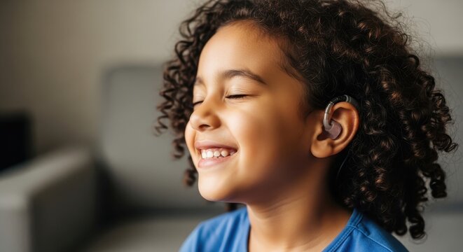 Smiling young girl with cochlear implant joyfully engaged in listening to sound
