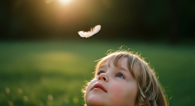 Innocent child gazing up at a delicate white feather floating in golden sunlight