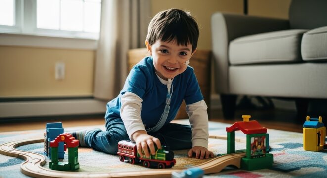 Happy young boy with feeding tube smiling and playing with wooden train set at home