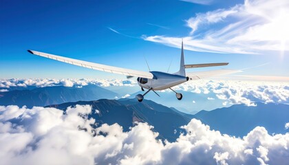 Obraz premium Small Aircraft Flying Above Clouds in Clear Blue Sky