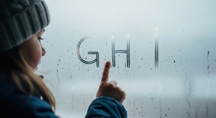 Child tracing alphabet letters GHI on a foggy window with condensation