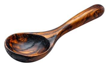Hand-carved wooden spoon with polished finish isolated on white background