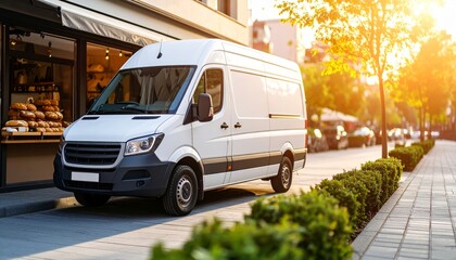White cargo van parked on city street near bakery at sunset