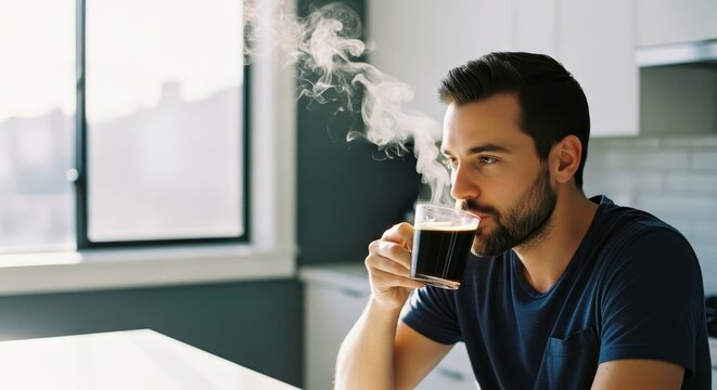 Bearded man enjoying hot black coffee with steam in a bright modern kitchen - Powered by Adobe