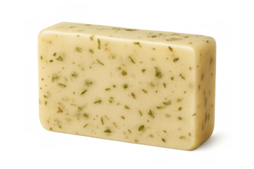 Rectangular soap bar with visible herbs, isolated on transparent background, promoting hygiene and natural care