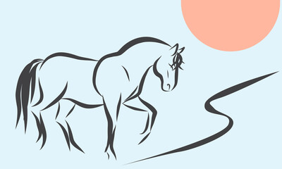 Line Wild Horse Portrait. Lunar New Year Calendar Mascot Animal Art. Horse Outline Ink Silhouette Sketch Drawn. Hand Crafted China Zodiac Sign Contour. Greeting Gift Card Decoration Design.