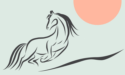 Line Wild Horse Portrait. Lunar New Year Calendar Mascot Animal Art. Horse Outline Ink Silhouette Sketch Drawn. Hand Crafted China Zodiac Sign Contour. Greeting Gift Card Decoration Design.