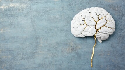 Cracked white brain repaired with golden kintsugi lines symbolizing healing, neurodiversity and mental resilience