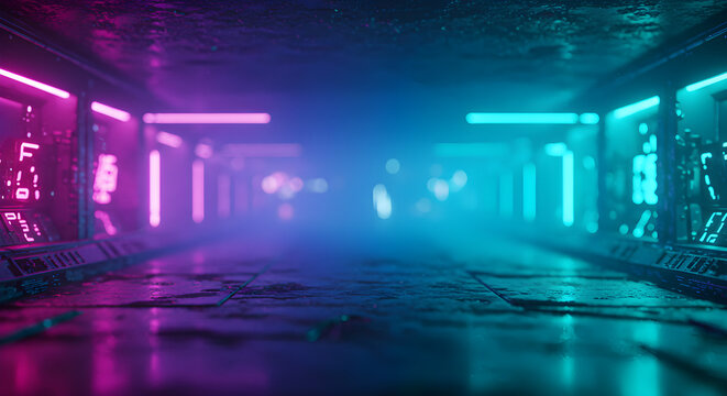 Futuristic neon-lit corridor with glowing displays and reflective surfaces.
