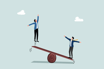 Fototapeta premium Efforts to help partners achieve goals, assistance to find solutions, collaboration to achieve success, entrepreneur managers jumping on seesaws helping colleagues jump high to achieve targets