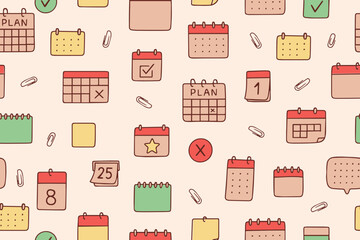 Fashionable colorful Seamless pattern of calendar planner icons. Reminder event signs. Vector. Vector illustration