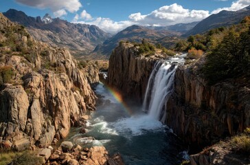 Obraz premium Majestic waterfall cascading down rocky cliffs with vibrant rainbow and lush greenery surrounded by breathtaking mountainous landscape under a clear blue sky