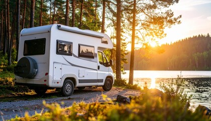 Serene Campground with Motorhome Near Tranquil Lake at Sunset